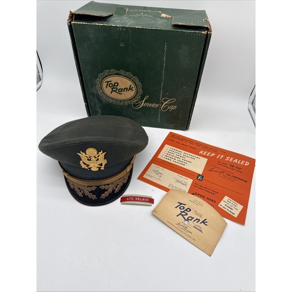 Original US Army Top Rank Service Cap Green Fur Felt Original Box